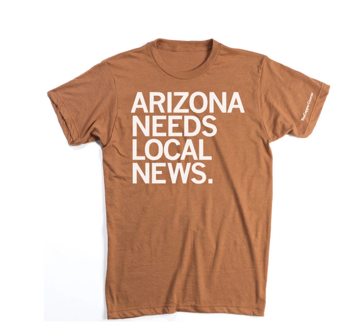 orange t-shirt that reads "Arizona Needs Local News."